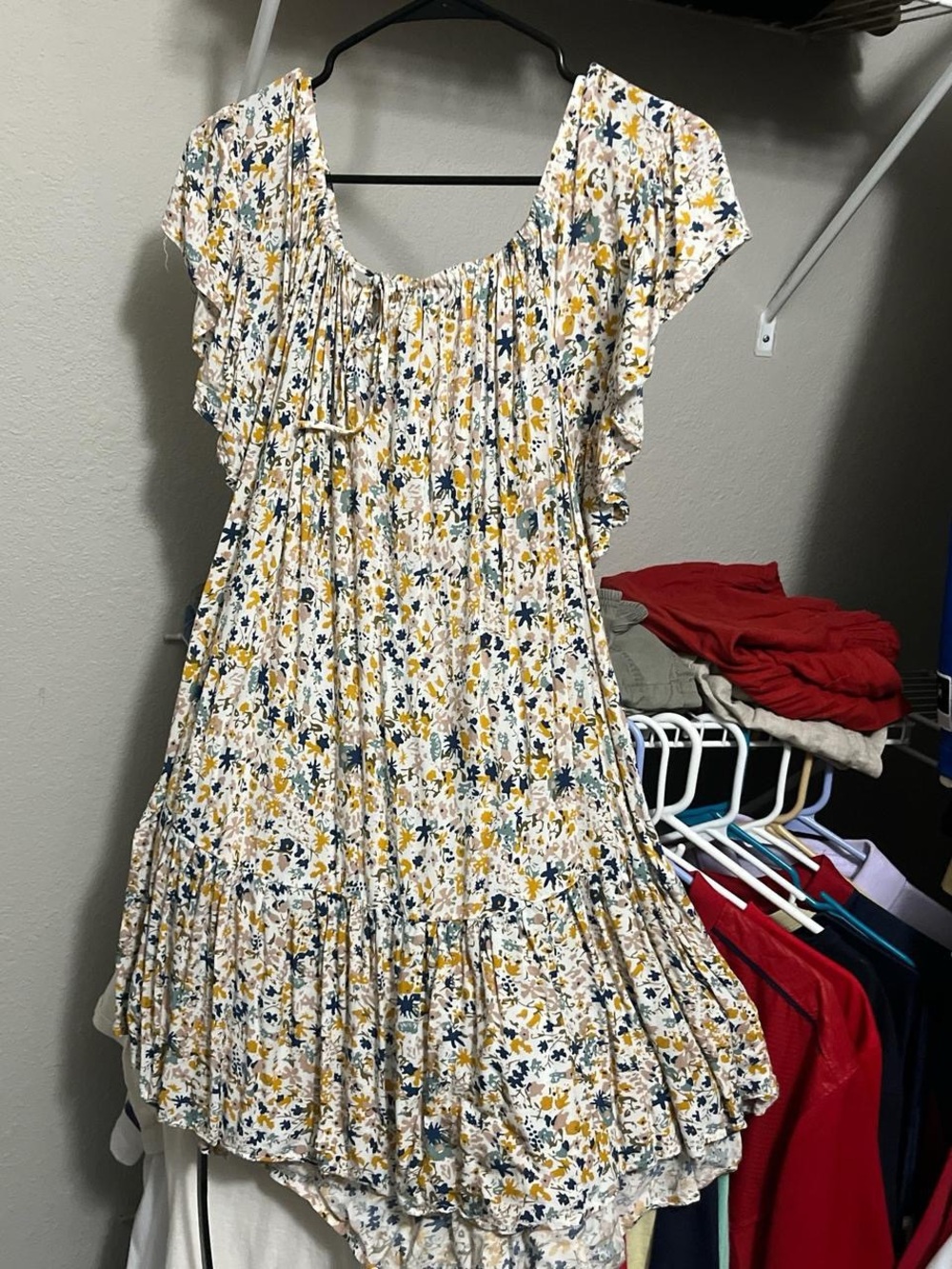 Floral Flutter-Sleeve Women’s Dress in Cream and Mustard